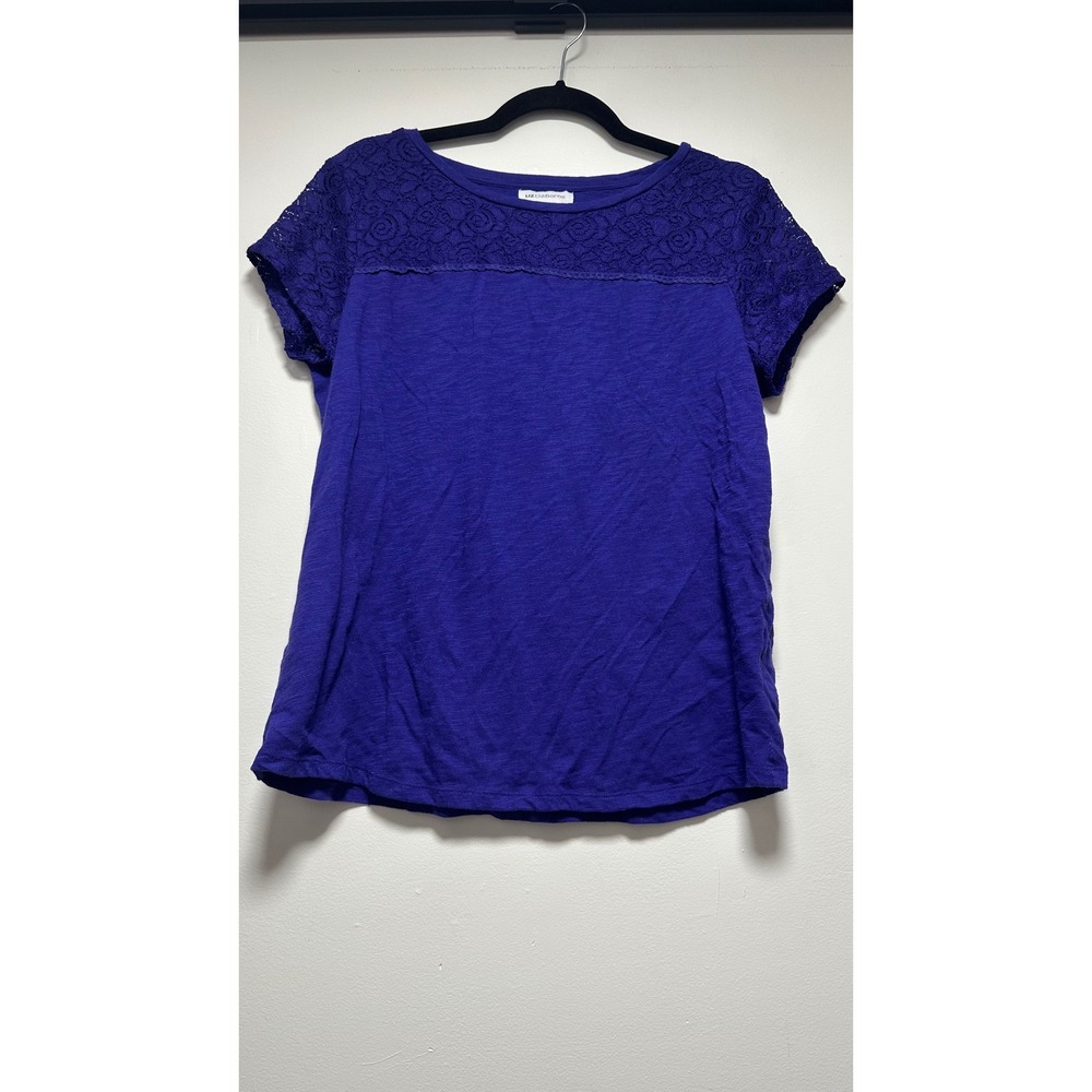 Liz Claiborne Purple Lace Yoke Top Short Sleeve Slub Knit Blouse Large